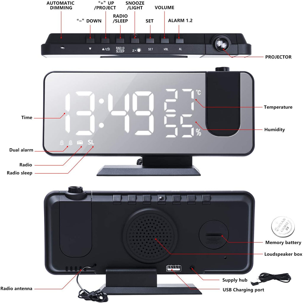 LED Projection Digital Alarm Clock Phone Charger - David Prashad